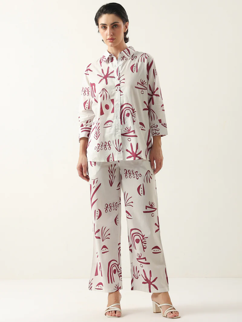 White Color Shirt Collar Cotton Printed Co-ords Set