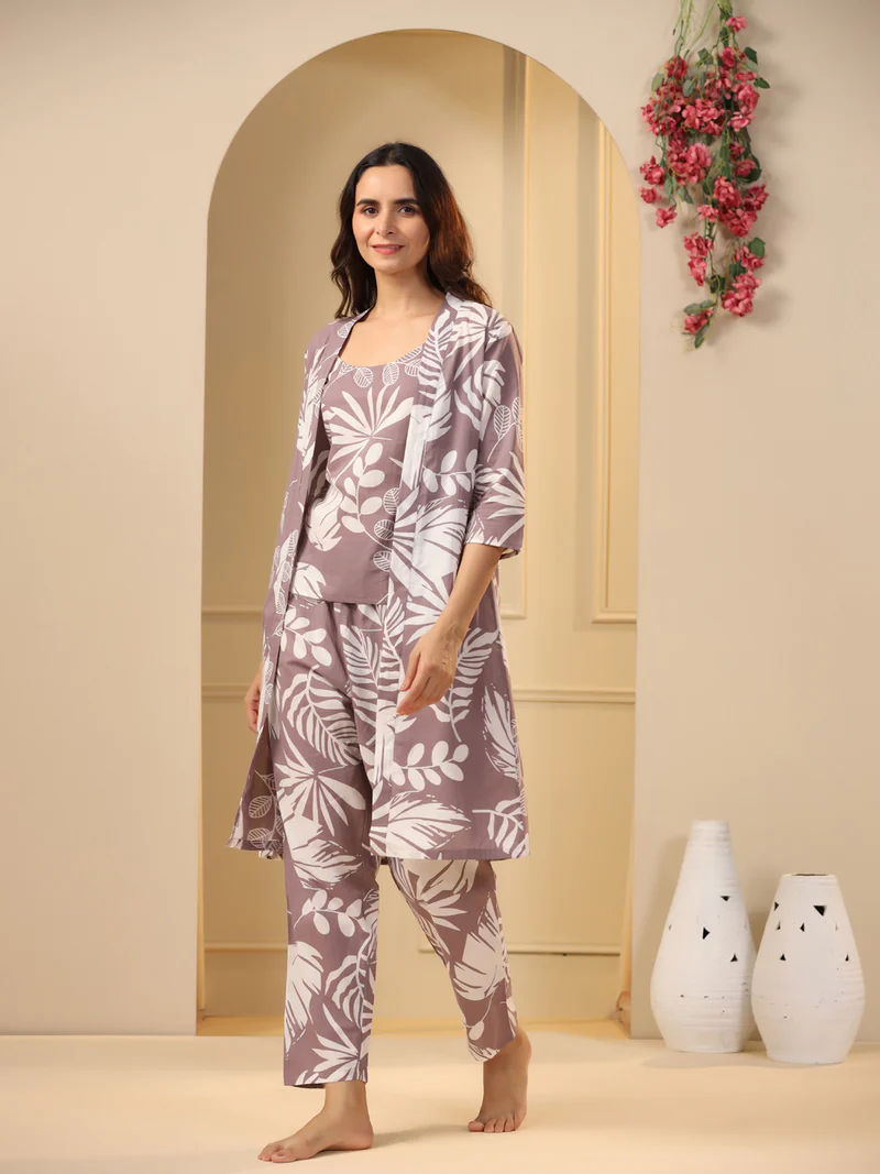 Lilac Cotton Printed 3 PEICE Night Suit