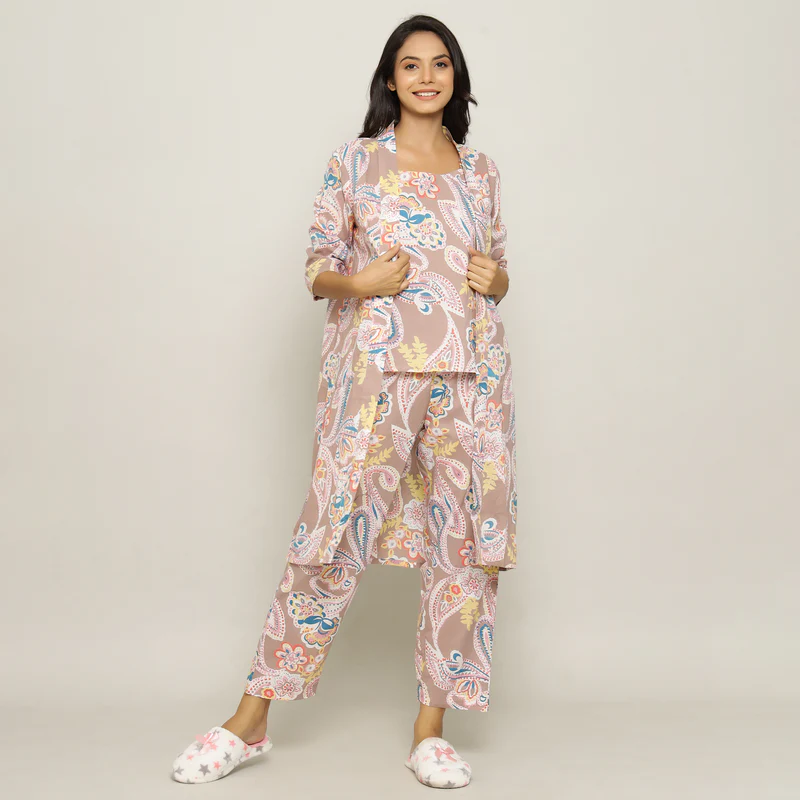 Paisley Cotton Printed 3 PEICE Night Suit Set